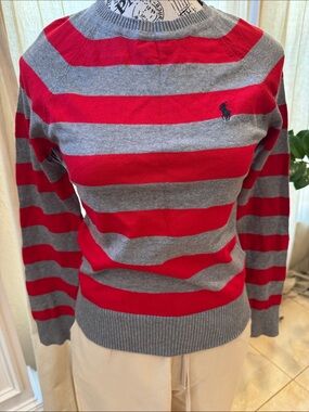 Polo by Ralph Lauren Red and Gray Striped Crewneck Sweater